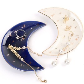 LotFancy Jewelry Tray, 2Pcs Decorative Moon Trinket Tray for Rings Earrings Necklaces Bracelet Keys, Ceramic Ring Holder Dish Room Decor Aesthetic, Wedding Engagement Gift, White and Blue