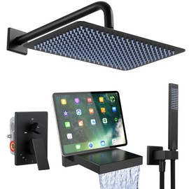 KES Rectangle 12-inch Matte Black Shower System with Large Waterfall Tub Spout, Bathtub Shower Faucet Set with Rough-in Valve, cUPC Certified Bathroom Shower Faucet Set, XB6330F18-BK