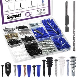 Swpeet 202Pcs 5 Styles Self Drilling Drywall Anchors with Screws and Drill Bit Assortment Kit, Plastic Drywall Anchors, Zinc Alloy Anchors, Conical Plastic Anchor, No Drill Or Holes for Concrete Wall