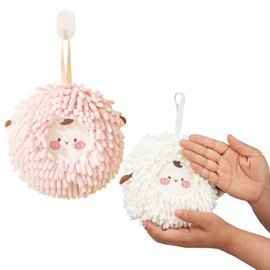 BOJVESH 2Pcs Fuzzy Ball Hand Towel, Cute Chenille Hand Towels, Soft Absorbent Hanging Towel Ball, Decorative Fasting Drying Hand Towel Set for Kitchen Bathroom Kids Adults (Pink, White)