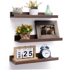 Picture Ledge Shelf, Floating Shelves for Wall Set of 3, Rustic Walnut Floating Shelves with Lip, Picture Shelf for Wall with Ledge for Nursery Bookshelf Bedroom Living Room Kitchen Office - Walnut