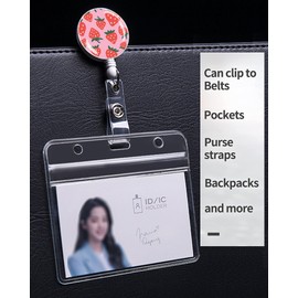 SCLOBO 2 Pack Retractable Badge Holders Cute Badge Reel Badge Clip ID Card Holders for Student Office Worker Doctor Nurse Teacher (Pink Strawberry)