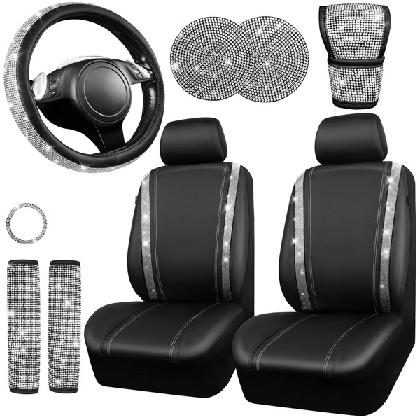 CAR PASS Diamond Bling Leather Seat Covers Set - 12 pcs Glitter Rhinestone Steering Wheel and Car Interior Accessory Set for Women - Silver