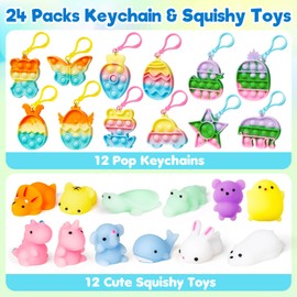 24 Pcs Prefilled Easter Eggs with Assorted Toys, Filled with Squishy Toys and Pop Bubble Keychains, Easter Eggs Filled for Kids to Egg Hunt, Basket Stuffers Filler and Classroom Prize Supplies