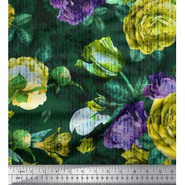 Soimoi Green Poly Crepe Fabric Leaves & Floral Fabric Prints by Yard 52 Inch Wide
