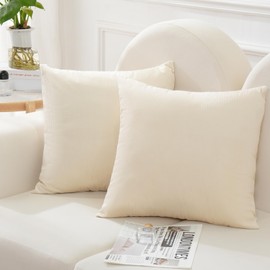 JIAHANNHA Velvet Cream White Throw Pillow Covers 18x18 Inches Set of 2 Soft Decorative Striped Design Square Cushion Covers for Couch Sofa Bed Livingroom Car,45x45Cm