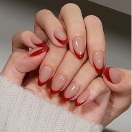 KQueenest Red French Tip Press On Nails Short Almond, 30 Pcs Press On Nails With Glue, Glossy Soft Gel Short Fake Nails Press ons, Reusable Natural Nude Glue on Nails for Women DIY Manicure