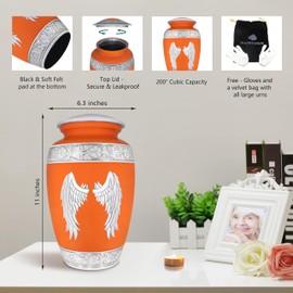 NANIURN Cremation Urns for Human Ashes Adult Female or Man, Funeral Urn for Ashes for Woman & Male, Burial or Decorative Urns, Hand Engraved Angel Wings Urn, Silver Wing, Red & Orange - Large Size
