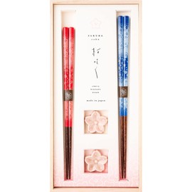 Hashikura Matsukan S-12188 Chopsticks, Dishwasher-Safe, Husband and Wife Chopsticks, Natural Wood, Pair Set, 9.1 inches (23 cm), 8.5 inches (21.5 cm), Chopsticks Rest Included, Sakura Sakura Karen