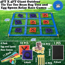 2-in-1 Outdoor Giant Tic Tac Toe Bean Bag Toss Games for Kids Adults Egg Spoon Relay Race Game, 4X4FT Large Lawn Yard Games Backyard Outside Family Reunion Birthday Party Field Day Outdoor Fun Games