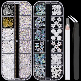 Mixed 3D Nail Art Gem Decoration Accessories Kit #7, Aurora Bear Bow Butterfly Starry AB Rhinestone Charm Jewelry for Deco, Pearl Flower Caviar Bead Stone Crystal with Pickup Pencil and Tweezer