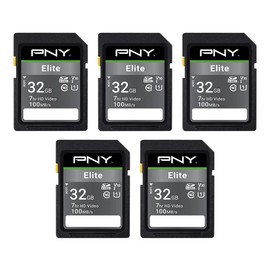 PNY 32GB Elite Class 10 U1 V10 SDHC Flash Memory Card - 100MB/s Read, Class 10, U1 Full HD, UHS-I, Full Size SD (Pack of 5)