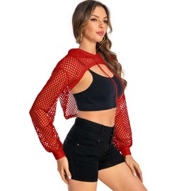 Women's Sheer Crop Top Long Sleeve Fishnet Hoodie Casual Bolero Cover Up(Red,XL)