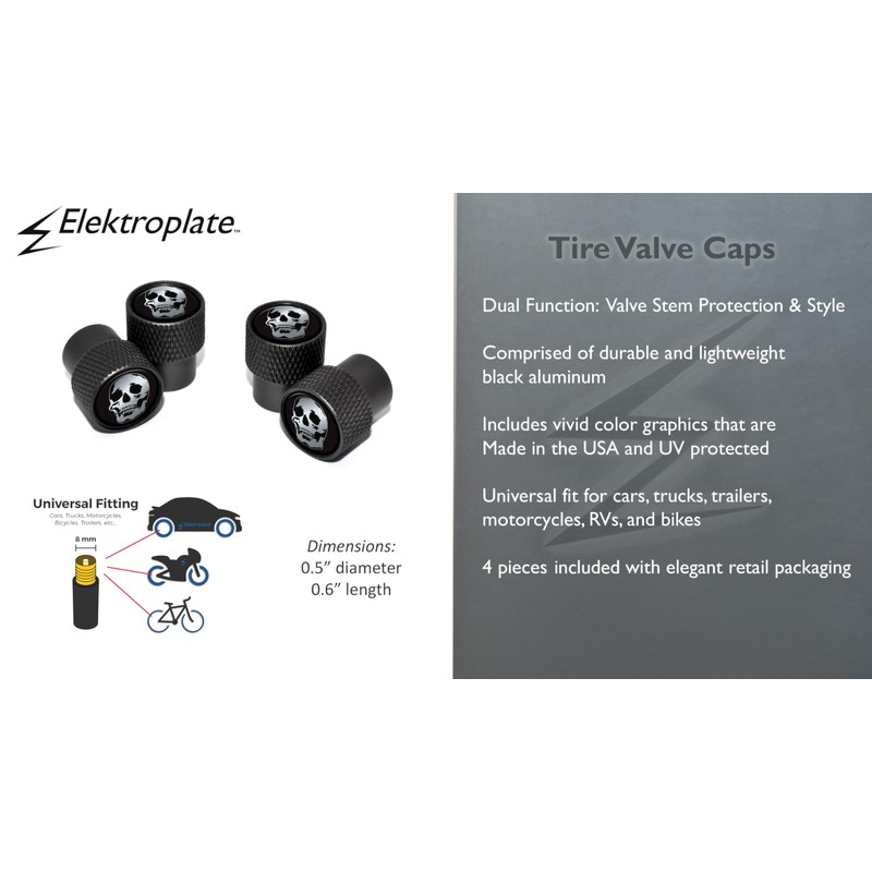 Elektroplate MetalHeads Skull Black Knurling Aluminum Tire Valve Stem Caps