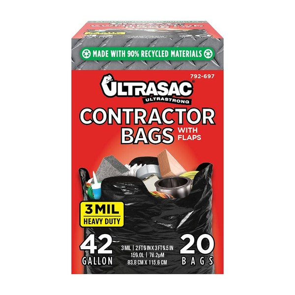 Ultrasac Contractor Bags 42 Gallon (20 PACK/w FLAP TIES), 32.75 x 44.5-3 MIL Thick Large Black Heavy Duty Industrial Garbage Trashbags for Professional Construction and Commercial use