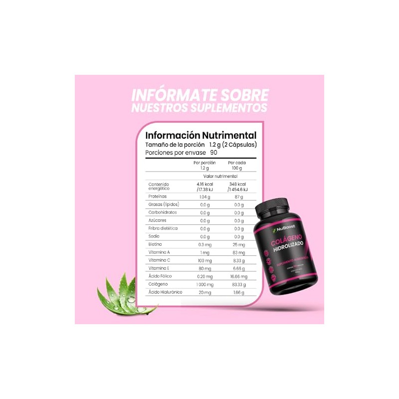Nuboost Colágeno Hidrolizado 1000 180 Cápsulas Biotina Vitamina Ácido Hialurónico