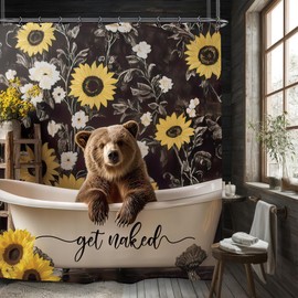 Yookeb Funny Bear Bathroom Shower Curtain 71W by 71H Inch Rustic Farmhouse Sunflower Get Naked Animal Hilarious Polyester Fabric 12 Plastic Hooks Waterproof Decor