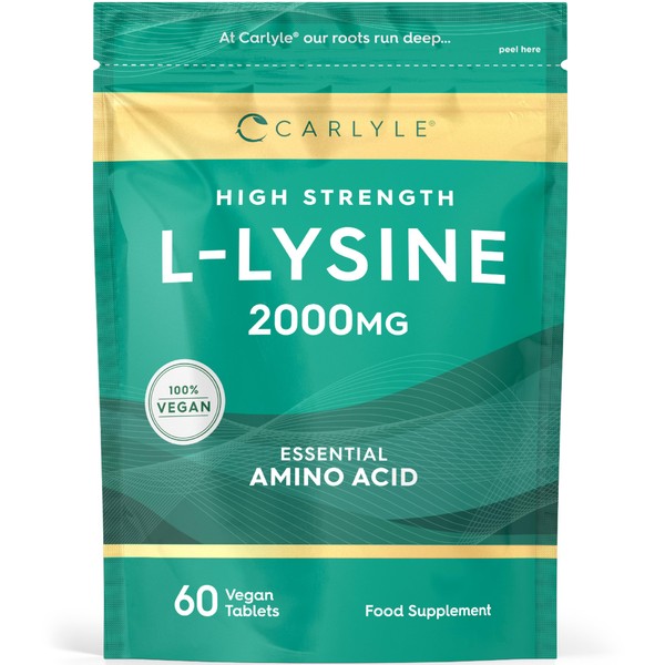 L-Lysine 2000mg Tablets | 60 Count | High Strength Vegan Supplement | Essential Amino Acid | by Carlyle