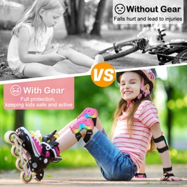 Lemmeko Knee Pads for Kids 3-5-8 Years Protective Gear Set Toddler Knee and Elbow Pads Wrist Guards with Drawstring Bag Adjustable Knee Pads Set Skateboard Scooter Skates Pads, Blue Yellow Pink