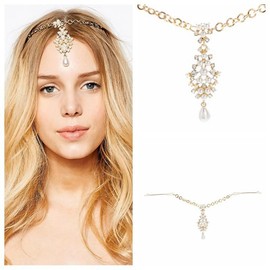 Wedding Pearl Pendant Headband Festival Headpieces with rhinestone Jewelry Fashion Headchain for Women and Girls (Gold, One size)