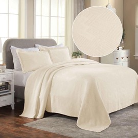 Superior 100% Cotton Geometric Fret 3-Piece Scalloped Bedspread Set, King, Ivory