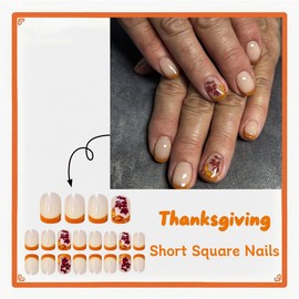 Fall Press on Nails Short Square Fake Nails With Autumn Leaves Design Orange French Tip Glue on Nail Press ons Acrylic Nails Full Cover Reusable Thanksgiving Stick on Nail for Women Manicure 24Pcs