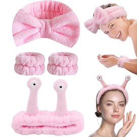 SZJYKF 4PCS Face Wash Headband and Wristband Set, Simple Fuzzy Restraint Skincare Headband for Girls Makeup Bow Headband and Yoga Sports Shower Face Spa Elastic Headband (Pink, Elasticity)