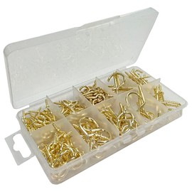 Merriway BH06593 Assortment of Brass Hooks in a 10 Compartment Carry Bag, 115, Multi-Colour, 2 Pieces Brass Plated Cup Hooks and Dresser Hooks