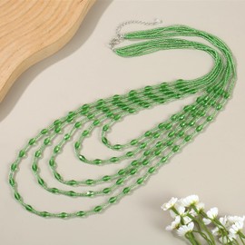Xalroco Long Layered Necklace for Women Trendy Colorful Boho Chunky Crystal Beaded Jewelry Womens Dainty Statement Fashion Necklaces Costume Bead Strand Necklace (Green)