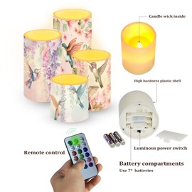 NETILGEN Watercolor Floral Hummingbird Flameless Candles Battery Powered LED Candles with Remote Timer Color Changing Control for Indoor Outdoor Home Decoration Set of 4