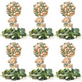 6 Set Baby Shower Bear Table Centerpieces Decortion Sage Green Bear with Eucalyptus Wreath Wood Slices Welcome Baby Table Toppers for Boy Or Girl Gender Reveal Party Favors