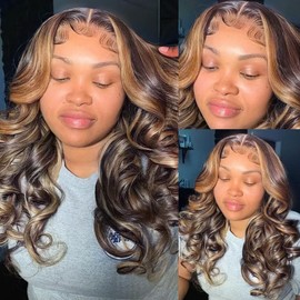 Mayouda Lace Body Wave 4x4 Lace Front Wig for Black Women Highlight Brown Long Lace Water Wavy Wig With Natural Hairline Synthetic Pre Plucked Pre Cut Wear and Go Glueless Wig (Highlight Blonde)