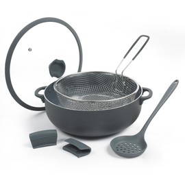 Nativo Nonstick Nontoxic Ceramic Caldero (Dutch Oven) with Glass Lid, Spoon Rest, Silicone Handle Protectors and Silicone Skimmer (GRAY - with Basket, 7 QT)