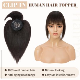Hairro Hair Toppers with Bangs 100% Real Remy Human Hairpiece for Women 8.5 * 8.5cm Clip in Mono Base Topper Cover Thinning Hair Loss 14 inch Natural Black