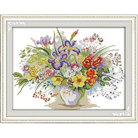 Happy Forever Cross Stitch Kits 11CT Stamped Patterns for Kids and Adults, DIY Preprinted Embroidery kit for Beginner, Flower Vase 2 (H593 Blooming Flowers, Size 21''x17'')