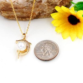 Uloveido Gold & Platinum Plated Cubic Zirconia Pave Dolphin Playing Pearl Ball Pendant Necklace Y1076-UK (Gold)