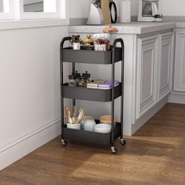 MAX Houser 3-Tier Rolling Utility Cart with Caster Wheels,Easy Assembly, for Kitchen, Bathroom (Black)