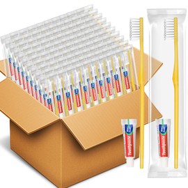 HOFASON Disposable Toothbrushes with Toothpaste Pack of 30, Yellow Hollow Travel Toothbrush Set with 5g Bulk Toothpaste Individually Wrapped for Homeless, Nursing Home, Shelter, Hotel