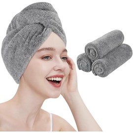 KinHwa Microfiber Hair Towel Wrap Soft and Absorbent Hair Turban Fast Drying Hair Caps with Buttons for Long Hair 3 Pack Grey