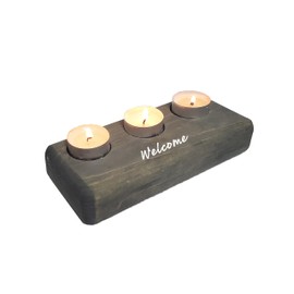 Home Decor Sayings 3 Tealight Candle Holder, 8 inches, Relator Client Gift, Housewarming Gift (Aged Barrel Gray, Welcome)