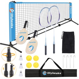 All-in-one Portable Badminton & Pickleball Net Set for Backyard Beach Driveway with Height Adjustable Poles, Durable Net, 2 Aluminum Badminton Rackets + 2 Pickleball Paddles