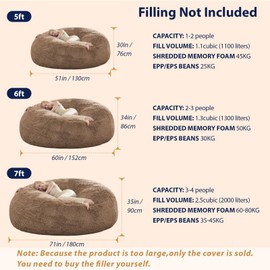 Big Bean Bag Cover Only, Washable Oversized Bean Bag Chairs Cover for Adults, Fluffy Plush Bean Bags Cover for Adults Teenagers Without Filler Included, 7FT, Khaki