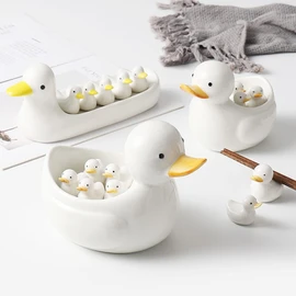 Cute duck spoon holder and bowl set (2 types), 02. Fluffy duck spoon holder set / 귀여운 오리 수저받침대 그릇 세트 2종, 02.퉁퉁이 오리수저받침세트
