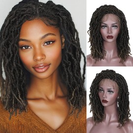FAVE Short Braided Wigs for Black Women Full Lace Wig Faux Locs Wig for Daily Use Dreadlock Wig 14IN Synthetic Loc Wigs for Women Twisted Wigs (Ombre blonde)