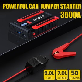 Scatach 002 3500A - Arrancador de batería de coche, 12 V (gasolina de hasta 9.0 L y motor diesel de 7.0 L), caja de salto portátil con visualización LED, linterna de 3 modos y cable de puente