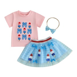 Amnnchya Toddler Baby Girl 4th Fourth of July Outfit USA Shirt Stars Memorial Tutu Skirt Set Little Girl Summer Clothes (Pink Bow Ice Cream, 2-3T)