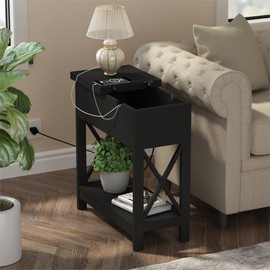 ChooChoo End Table with Charging Station, Narrow Flip Top Side Table with USB Ports & Power Outlets for Small Spaces, Nightstand Sofa Table for Living Room, Bedroom, Black, 2 Pack