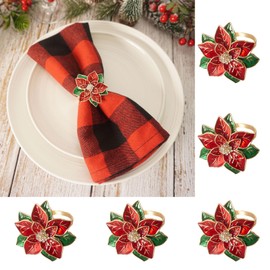 Utalek Christmas Napkin Rings Set of 6, Poinsettia Flower Napkin Rings Xmas Serviette Buckle Holder for Christmas Holiday Dinner Party Table Decoration