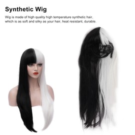 Peluca Mitad Blanca Mitad Negra, Peluca de Pelo Largo Y Recto Blanco Y Negro, Pelucas de Disfraz de Cosplay, Peluca Sintética de Aspecto de Moda para Fiestas de Cosplay de