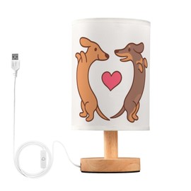 YYZZH Table Lamp Dachshund Love Heart Wiener Dog Valentines Nightstand Lamp with Wood Base Fabric Lamp Shade Bedside Desk Lamp for Living Room Bedroom Kids Room Office